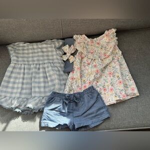 Tommy Bahama Blue and White Checked Shirt, Floral Shirt and Denim Shorts Set-3T